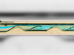Die goldbeschichtete faseroptische SERS-Sonde. Die grüne Farbe der Sonde ist ein Beugungsphänomen der mikrostrukturierten Oberfläche. Bild: J. A. Kim, Imperial College London