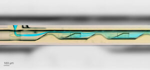 Die goldbeschichtete faseroptische SERS-Sonde. Die grüne Farbe der Sonde ist ein Beugungsphänomen der mikrostrukturierten Oberfläche. Bild: J. A. Kim, Imperial College London
